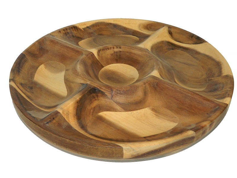 Refined Acacia Wood Dip and Chip Tray - Partitioned Round Serving Platter
